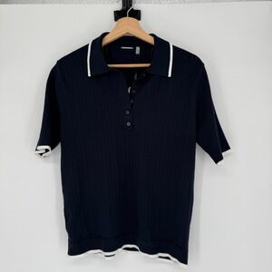 Elie Tahari Polo Shirt Womens M Navy Blue Ribbed Knit Contrast Trim Old Money